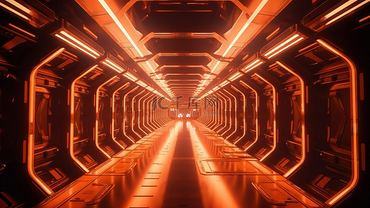 3d 橙色霓虹灯科幻宇宙飞船走廊的插图