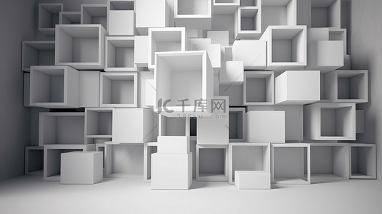 显示在空白墙背景下的 3d 渲染立方体框背景