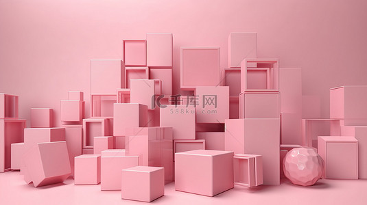 设计背景，在 3D 渲染中有一堆甜美柔和的粉红色立方体框条