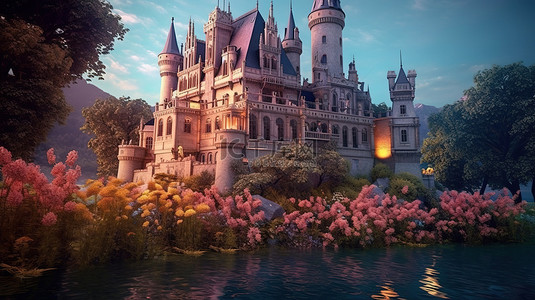 迷人的哥特式城堡，花卉环绕，3D 暮光仙境
