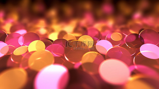 柔和的粉色和黄色散景灯，采用精致的圆形图案，带有胶片颗粒和 3D 渲染的可循环抽象运动背景