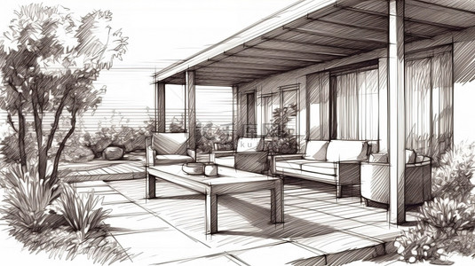 以家庭室外区域为特色的建筑草图 3D 插图