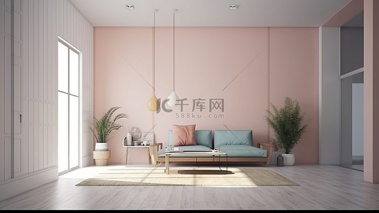 复古柔和时髦极简主义客厅模拟海报与木地板 3D 渲染