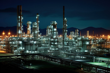 园区背景图片_夜间炼油厂有许多管道
