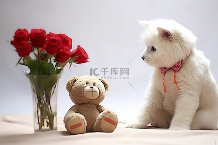 拿鲜花的背景图片_一只猫看着一只拿着鲜花的泰迪熊