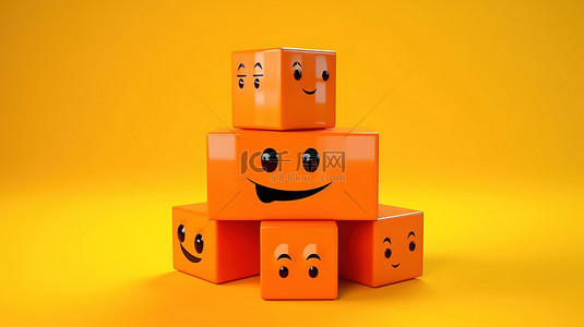 橙色背景的 3D 插图，带有新年快乐字母和微笑的立方体表情符号