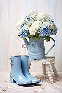 有花瓮和蓝色鞋子的蓝色喷壶