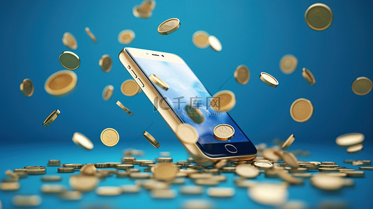 有金币背景图片_蓝色背景下智能手机周围有飞行硬币的 3D 渲染在线购物