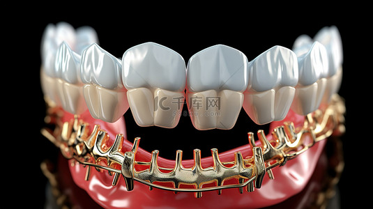 牙齿牙科背景图片_在 3d 牙齿模型上渲染的牙龈贴合陶瓷和金属牙套