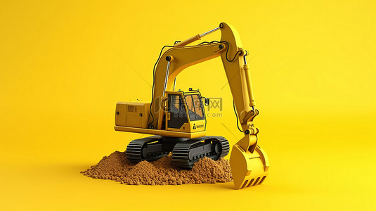 反铲背景图片_充满活力的黄色背景上的孤立挖掘机的 3D 插图