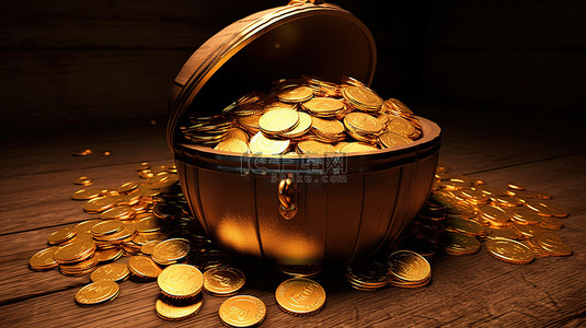 关于月光宝盒的背景图片_装满金币的宝箱的 3D 插图