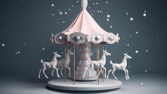灰色纹理纸背景与可爱的 3D 渲染圣诞驯鹿旋转木马