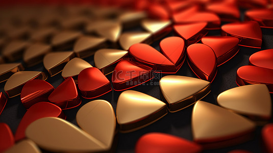 金色爱心背景图片_壁纸背景的 3D 渲染红色和金色心形设计