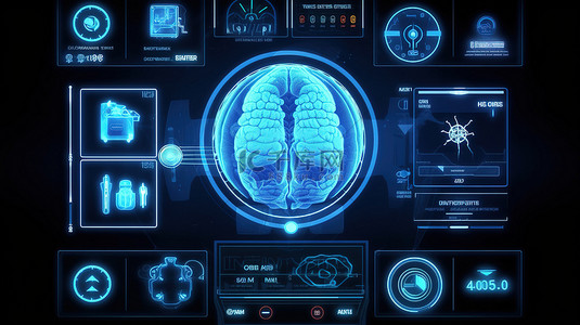 药物与大脑背景图片_先进的医疗屏幕，在未来的 ui 平视显示器中带有 3D 大脑插图