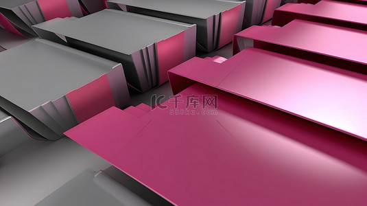 充满活力的 3D 渲染文件夹，其中包含粉红色和灰色配色方案的纸张
