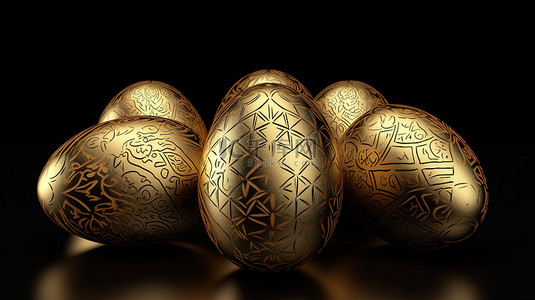 害羞的小兔子背景图片_一套带图案的复活节彩蛋，采用黄金隔离 3D 渲染插图