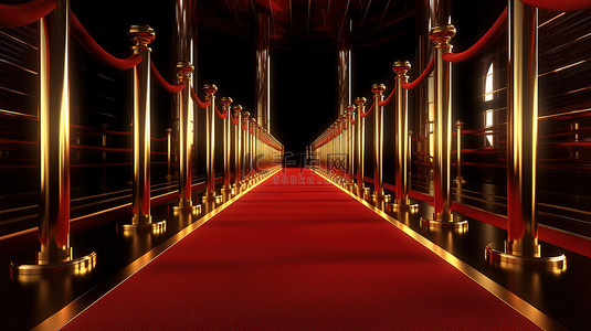 全网独家独款字背景图片_红地毯的 3d 插图，障碍物通向雄伟的金色柱子