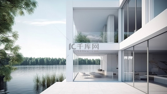 客图背景图片_带宽敞露台和全景湖景的现代住宅 带有醒目的窗户设计的 3D 渲染图