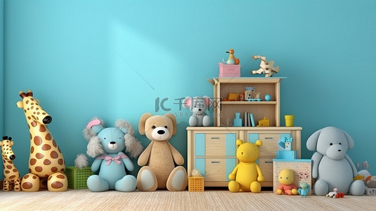 儿童卧室的 3D 渲染图，配有毛绒动物和墙壁装饰