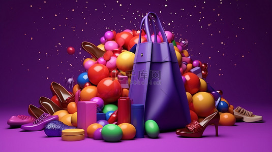 女性化妆背景图片_充满活力的球围绕着高跟鞋口红环香水礼盒和紫色背景上的袋子的 3D 渲染