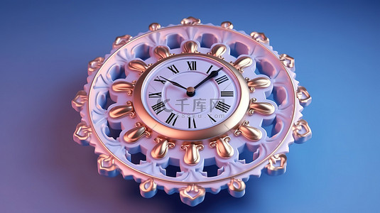 装饰有粉红色时钟图案的蓝色背景的 3D 渲染