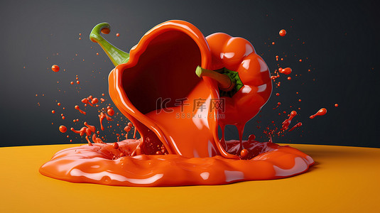 番茄酱溅在辣椒粉上 3D 渲染和插图