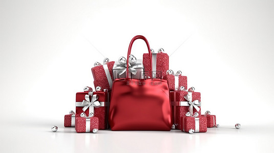 3d 渲染白色背景一个节日圣诞袋，里面装满了红色礼物