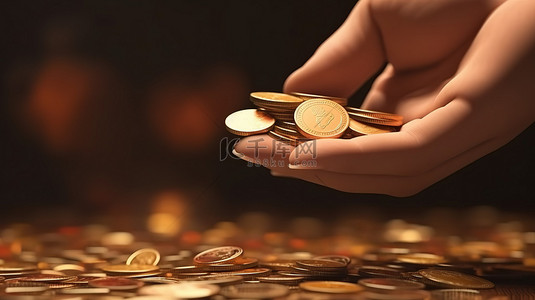 省钱节背景图片_手中放置的硬币代表以 3D 呈现的省钱方式