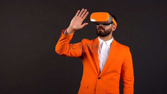 健康件背景图片_戴着虚拟现实眼镜和橙色头盔的专业建筑师做手势高清图像