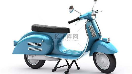 电动摩托车背景图片_电动或老式蓝色滑板车搭配白色背景 3D 渲染上的袖珍计算器