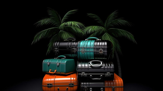黑暗背景下的 3D 行李和棕榈树