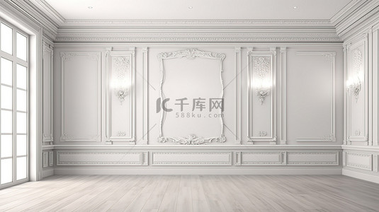 设计优雅的豪华客房，配有华丽的造型和时尚的白色木地板 3D 渲染