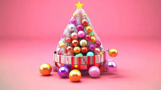 充满活力的圣诞树装饰着彩色球和化妆品 3d 渲染