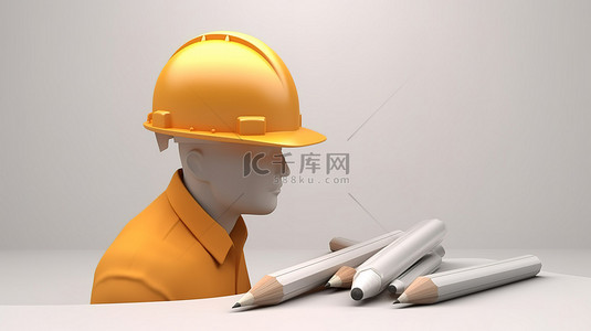 安全帽施工工人背景图片_3d工程师带着安全帽和铅笔