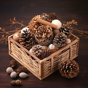 圣诞食物背景图片_圣诞篮，配有质朴的松果和天然秋季装饰
