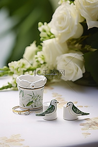 白色珠宝背景图片_桌上的婚礼珠宝，上面有鸟和绿叶