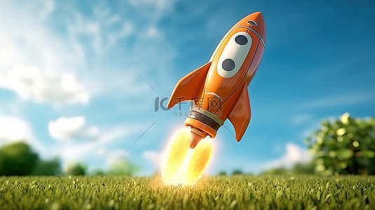 异想天开的火箭发射到天空 3d 渲染