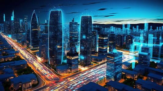 具有智能建筑和高科技道路的先进数字城市的 3D 插图