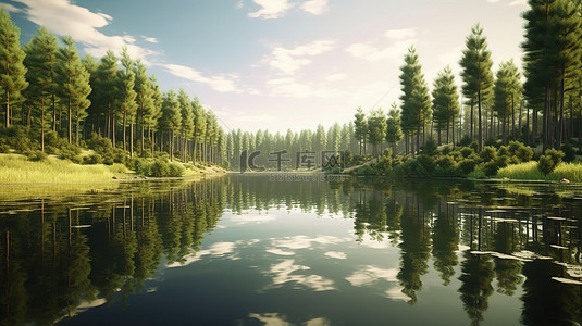 有河流的森林背景图片_令人惊叹的 3D 森林和湖泊倒影