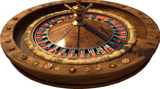 孤立的木制赌场桌上的金色轮盘赌轮 3d 渲染