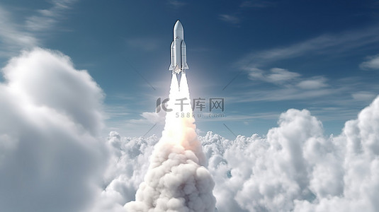 穿梭云层背景图片_白色火箭起飞进入云层令人惊叹的 3d 渲染