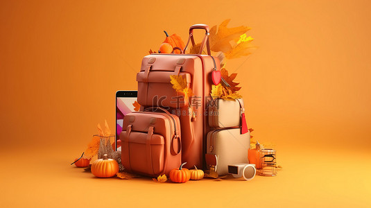 秋季购物的 3D 插图，带有在线智能手机和袋子，提供充足的复制空间
