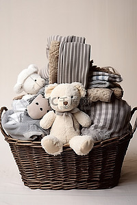 拿着毛巾背景图片_篮子里的泰迪熊拿着篮子和玩具
