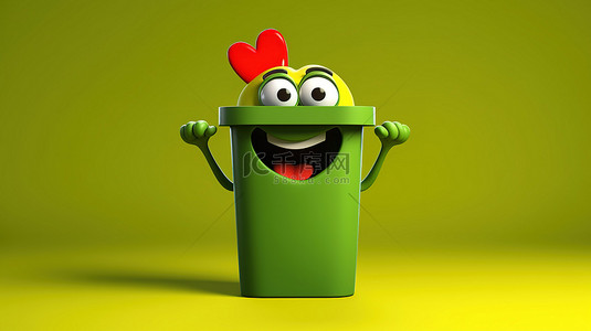 黄色背景上绿色回收标志的生态友好人物吉祥物，在垃圾箱 3D 渲染上举着红心