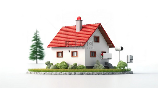 您已进入视频监控区域背景图片_现代视频对讲系统毗邻时尚的小屋住宅，以 3D 渲染的白色背景为特色，设有红色屋顶和郁郁葱葱的绿色草坪