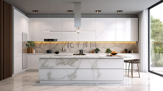 室内简约装饰背景图片_时尚的厨房设计，内置台面和白色橱柜，采用简约风格 3D 渲染