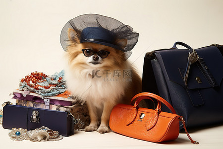 拎包向上背景图片_一只戴着结婚帽拎着几个袋子的小狗
