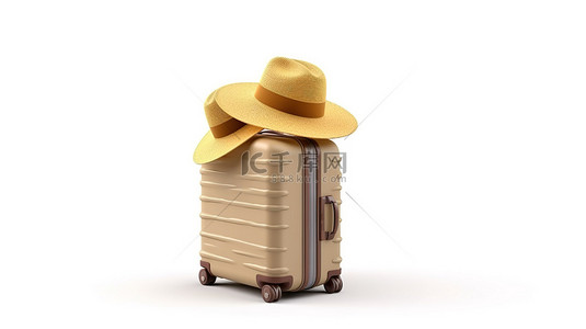 带草帽和拖鞋的旅行者行李以 3d 呈现并在白色背景中隔离