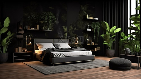 豪华现代的深色卧室，配有别致的植物和 3D 设计的时尚地毯