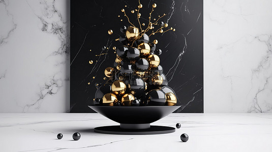 球星背景图片_简约的 3D 圣诞树装饰着金色的球星和戒指，高高耸立在白色大理石舞台上